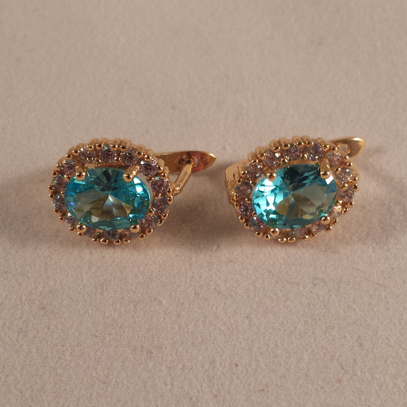Jewelry - 18K Yellow Gold Filled Large Oval Blue Diamond Zircon Stud Earrings 9mm 1.86ctw